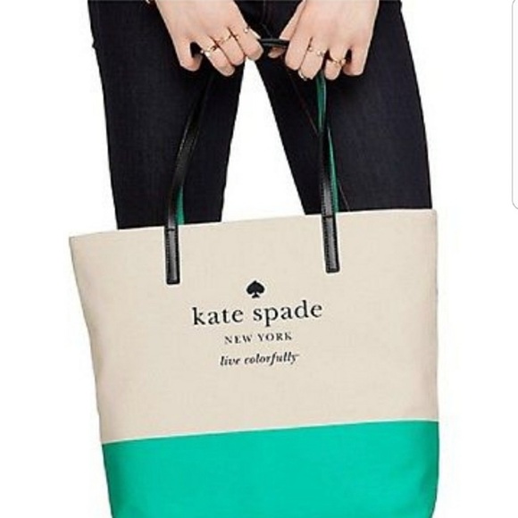 kate spade Large Bon Shopper Colorblock Basin Tote Coated Canvas Leather Straps - Picture 2 of 10
